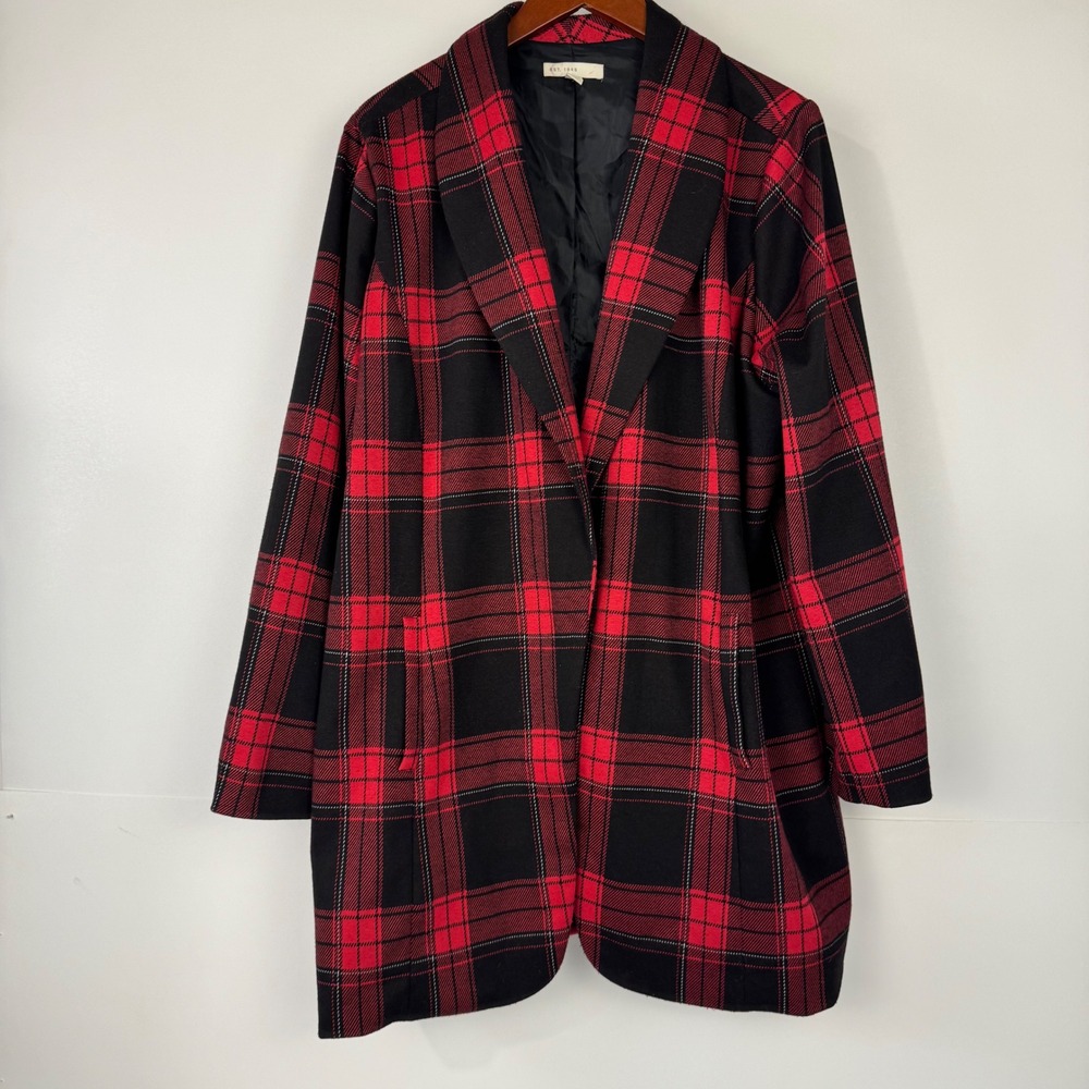 Est. 1946 Blazer Coat Women 22W Red Black Plaid Tartan Longline Academic Preppy